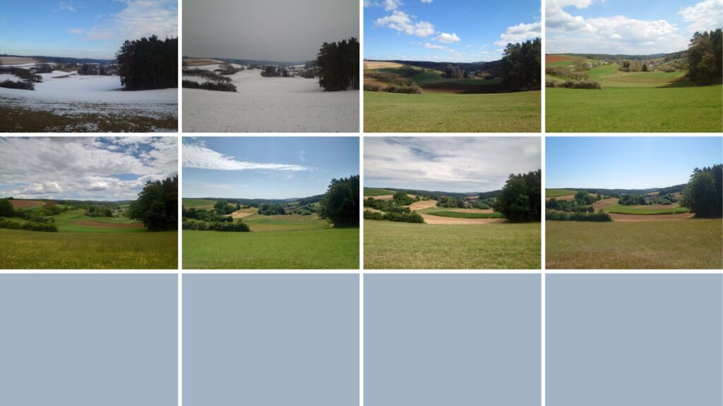 Fotocollage mit 12 Kästchen, 7 davon sind ausgefüllt mit Landschaftsaufnahmen, desselben Motivs zu unterschiedlichen Jahreszeiten